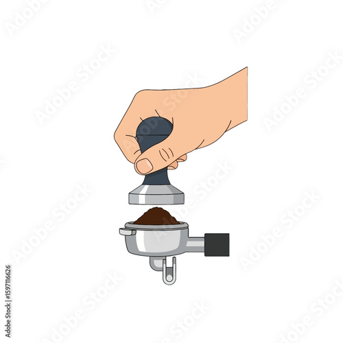 Hand tamping ground coffee into a portafilter for espresso preparation.