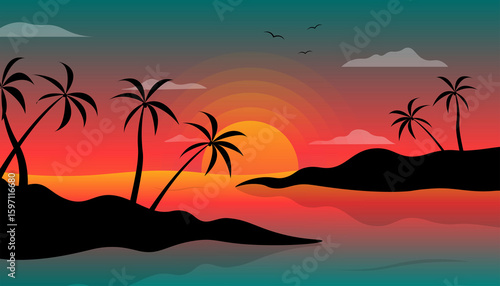 Tropical Sunset Paradise An illustration of Palm Trees Silhouetted Against a Vibrant Sunset Landscape 