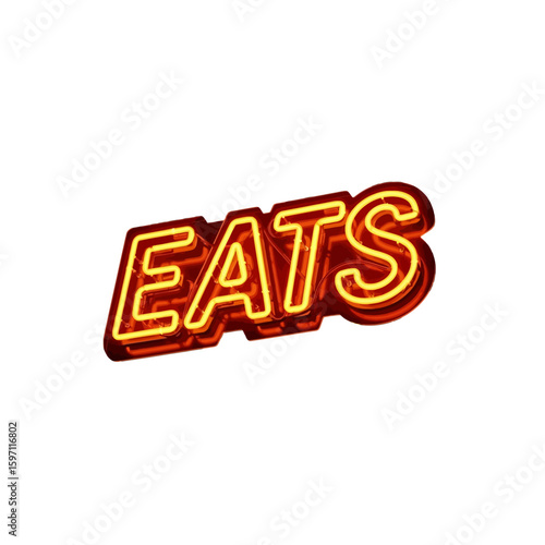Neon sign displaying the word "EATS" in a stylized, three-dimensional, orange-red font.