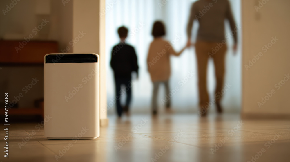 Fototapeta premium Home battery backup device on floor with family walking in background warm light