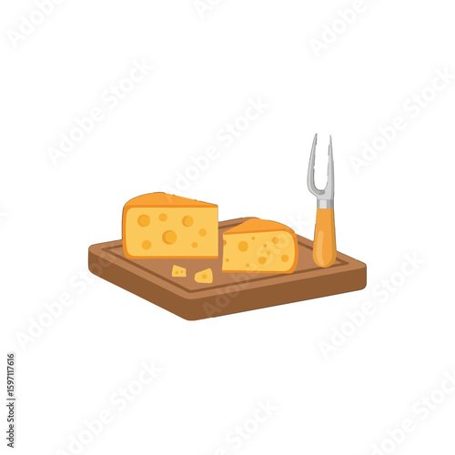 Two cheese wedges with holes on a wooden board, accompanied by a cheese knife.