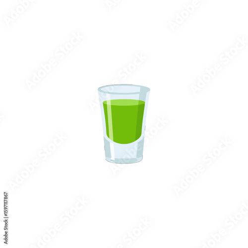A single shot glass filled with a green liquid, isolated on a white background.