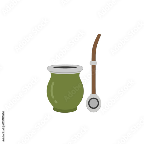 Green mate gourd and bombilla, traditional South American beverage set.