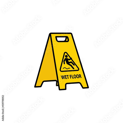 A yellow and black "Wet Floor" sign warns of potential slipping hazard.