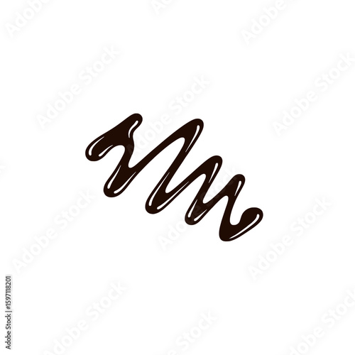 A minimalist image of dark chocolate sauce drizzled in a winding, abstract pattern on a white background.