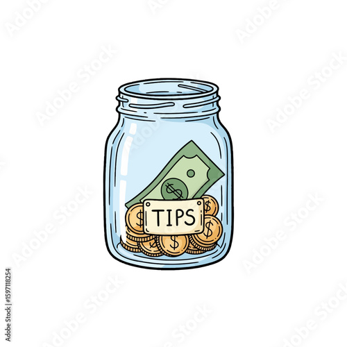 A clear glass jar filled with coins and a dollar bill, labeled "TIPS".