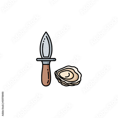 Oyster knife and opened oyster shell, ready for consumption.
