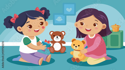 Little sisters playing with dolls or teddy bear