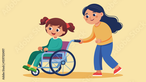 Sister pushing wheelchair of other sibling inclus