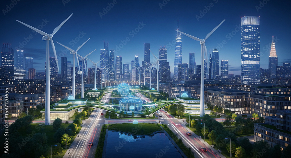 Obraz premium Futuristic Sustainable City with Wind Turbines for World Habitat Day