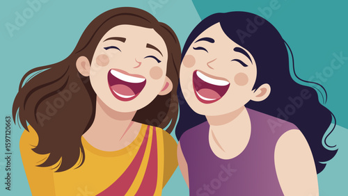 Sisters laughing loudly while leaning on each othe