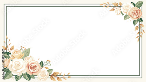 floral wedding border vector, ivory and blush roses with gold leaves, soft shadows, blank white space below for content