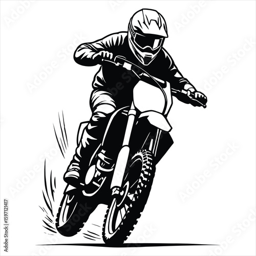 Dynamic Motocross Rider Illustration Capturing Speed and Skill in Black and White High-Contrast Design Creating Powerful Visual Impact