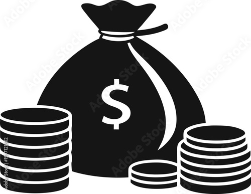 Bag of Money: Depicting financial abundance, a full money bag prominently displays a dollar sign, flanked by stacks of coins, evoking themes of wealth, investment, and economic prosperity.