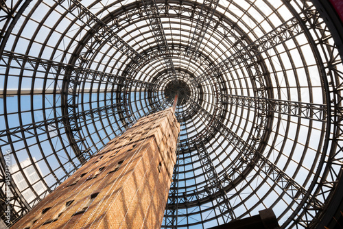 Dome in Melbourne Central Shopping. It is an underneath massive glass cone sits the Coop's Shot Tower which was built on the site in 1888. Melbourne, Dec 2019