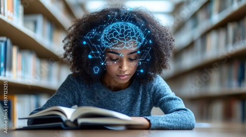 Focused teen studying, holographic brain overlay