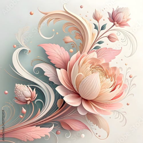  Delicate, soft-toned lilies and leaves in a dreamy, flowing arrangement.