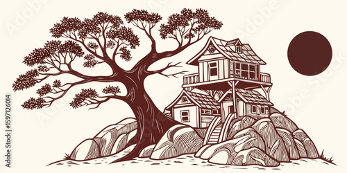 A fun stone sculpture showing art tree houses and the sun in dark red white background vector illustration.
