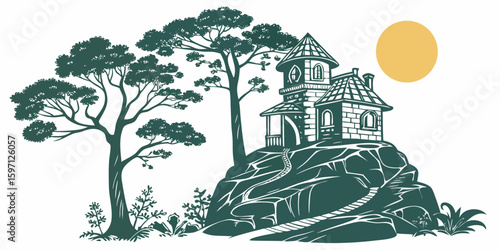 A fun stone sculpture showing art tree houses and the sun in dark green white background vector illustration.
