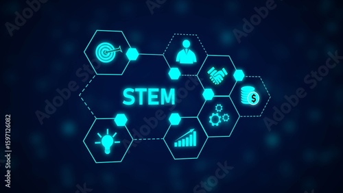 Cyan Blue S T E M Network Hexagon Graphic Business Technology Concept Idea Innovation Growth Teamwork Target Money Icons