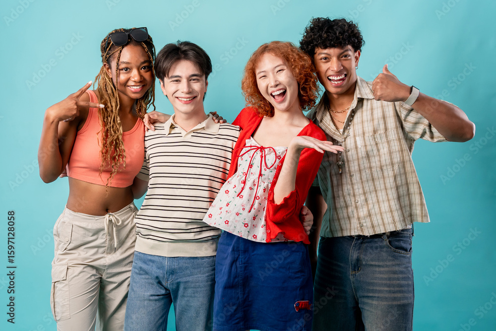 Obraz premium Portrait of diverse Generation Z friends posing on isolated blue screen.