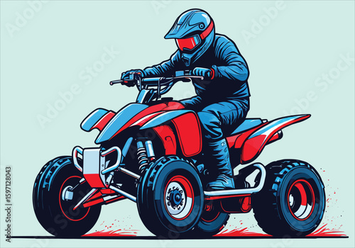 Stylized ATV Illustration of a Rider Wearing a Helmet in Blue and Red Isolated on a Light Background