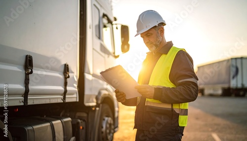 Worker reviews documents near truck