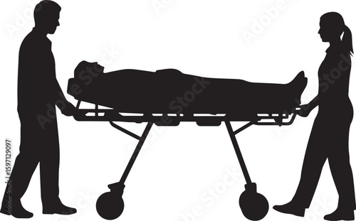 Silhouette Depiction of Medical Emergency Featuring a Stretcher Patient and Two Attendants Conveying Scene Urgency