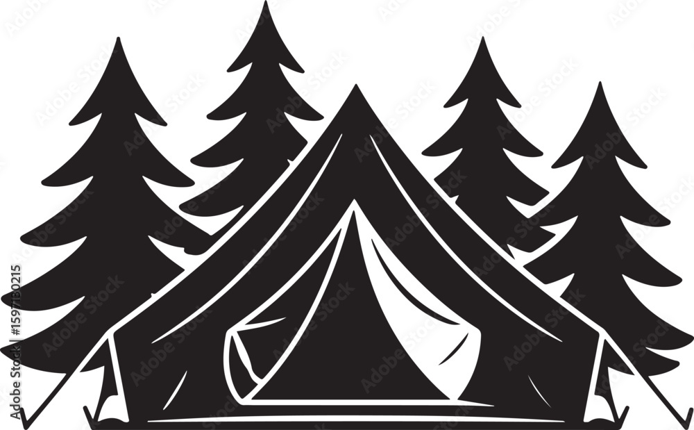 Fototapeta premium Monochrome Camping Scene Tent Among Pine Trees Outdoor Adventure Wilderness Getaway Nature Escape