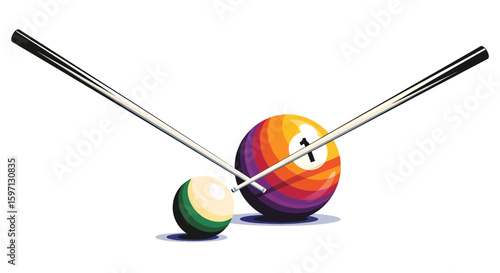 Action Shot of Billiard Game, Pool Balls with Cues, Indoor Recreation Area, Digital Illustration, Colorful Graphic Design