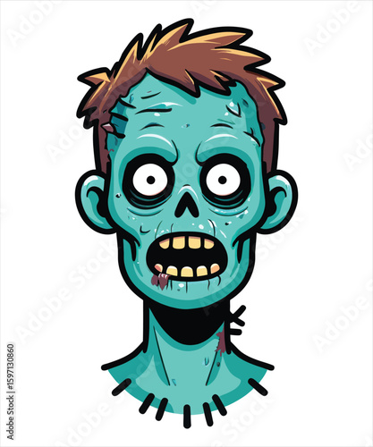 Cartoon Zombie Character with Green Skin and Brown Hair in Vector Illustration Style for Halloween Themed Designs