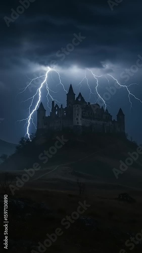 Stormy night with lightning striking an old castle