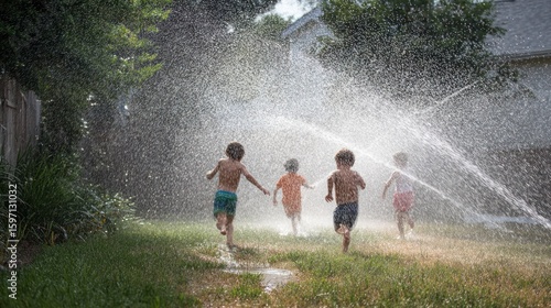 Children playing outdoors with sprinkler