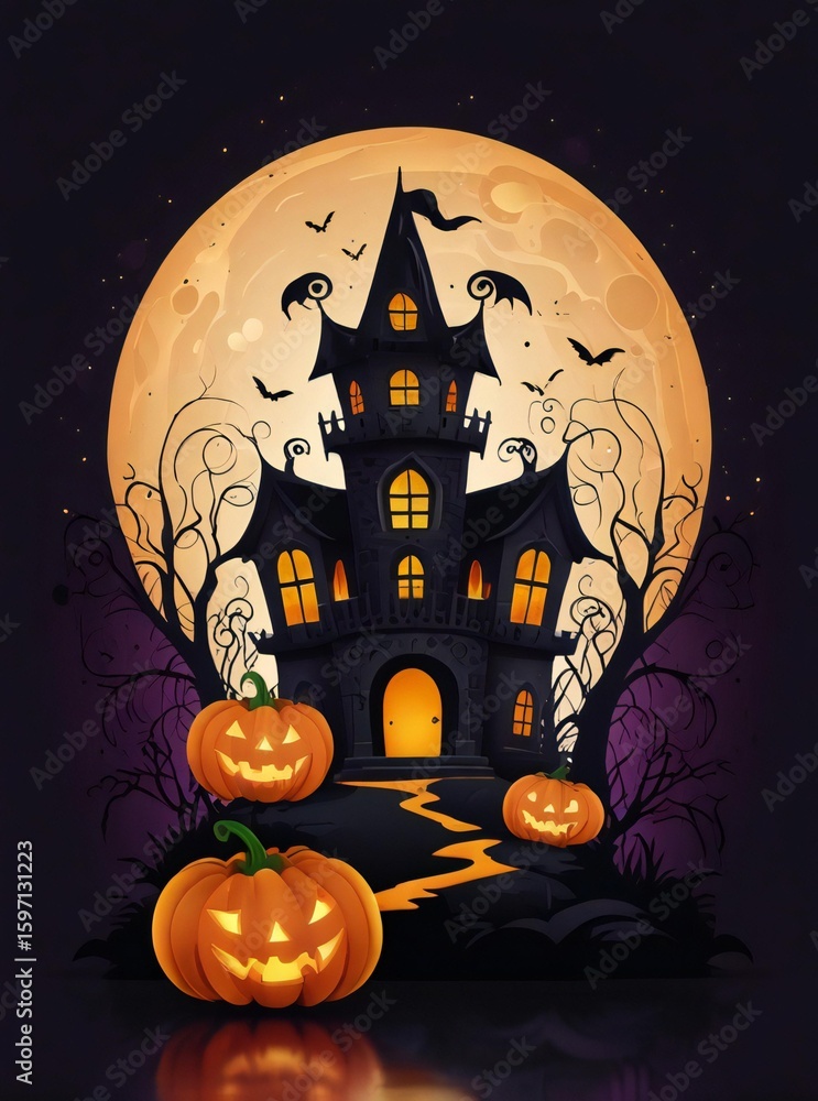 Fototapeta premium Spooky haunted mansion with jack o lanterns under a giant full moon