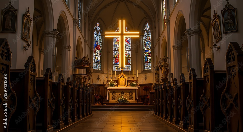 Obraz premium Evocative capture of a peaceful church interior bathed in the warm glow of an illuminated cross, symbolizing faith and hope amidst the stillness of twilight.