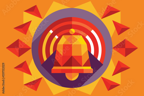 Geometric design in warm tones composed of triangles circles and other shapes on a vivid orange backdrop.