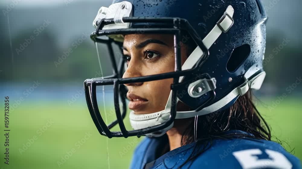 Close-up of determined woman football player in full gear standing outside in the rain staring off into the distance with a serious expression Close-up of determined woman football player in full gear standing outside in the rain staring off into the distance with a serious expression
