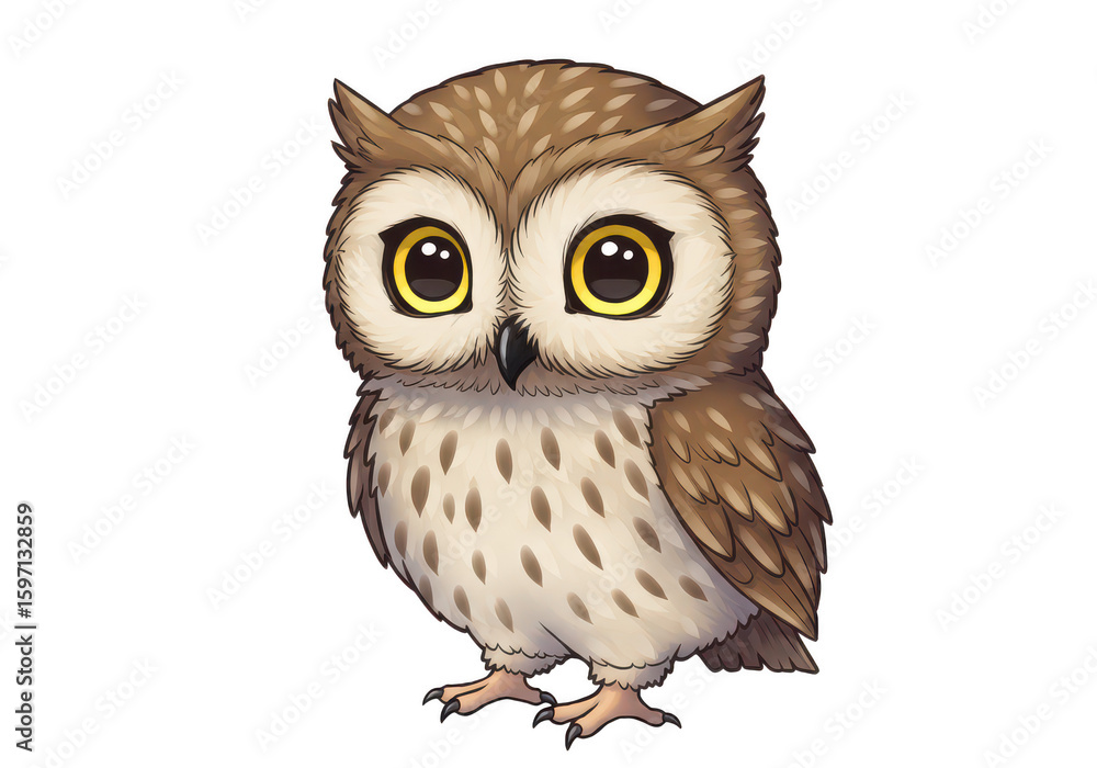 Fototapeta premium Cute cartoon owl with big yellow eyes isolated on transparent background