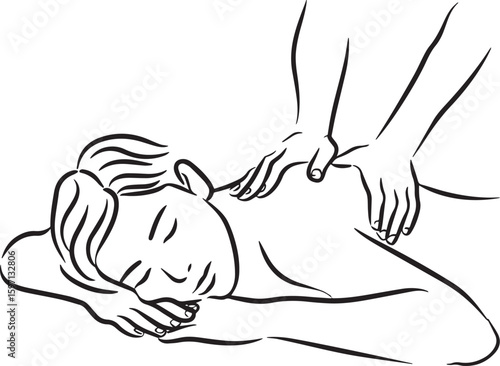 Illustration of Woman Relaxing and Enjoying a Massage Therapy Session, Featuring Relaxing Hands, Gentle Touch, and Calming Spa Atmosphere