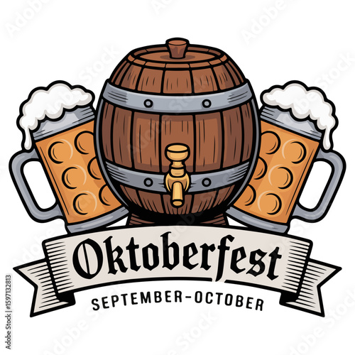 Oktoberfest Round Logo with Beer Barrel and Steins
