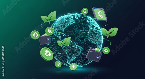 Digital globe surrounded by ecological symbols, wallets, and currency icons, representing sustainable finance and green economy concepts.