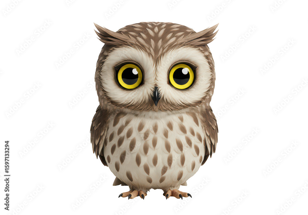 Obraz premium Adorable cartoon owl with large yellow eyes isolated on transparent background