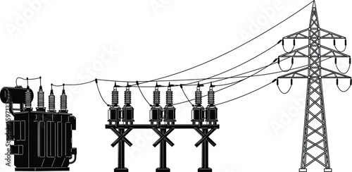 High voltage power transformer and substation silhouette with transmission tower, ideal for energy, electricity, grid system and engineering design