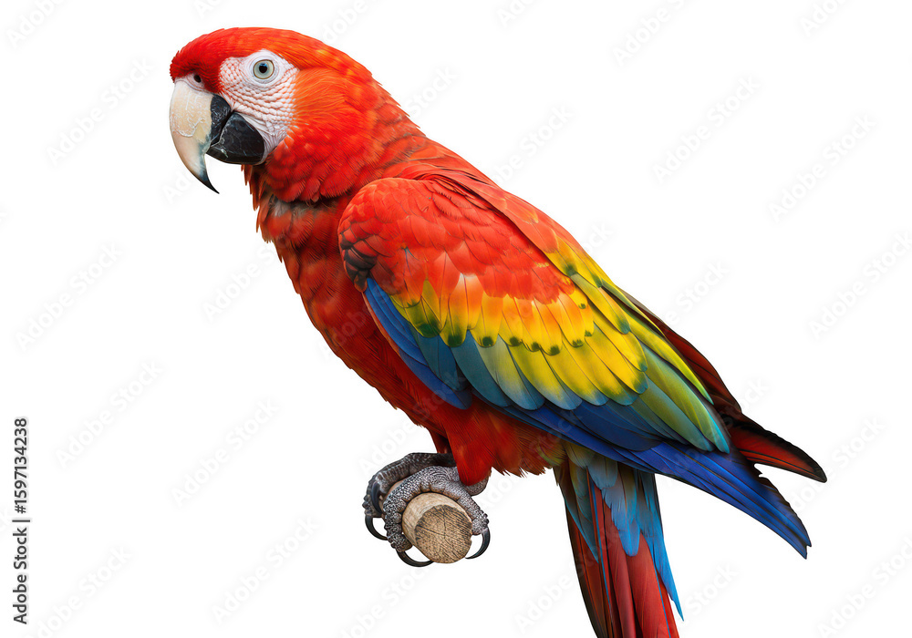 Obraz premium Vibrant scarlet macaw parrot perched on a branch isolated on transparent background