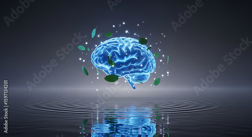 Wallpaper Mural A glowing blue brain hovers above rippling water, surrounded by green leaves and sparkling lights, reflected in the water below. Torontodigital.ca