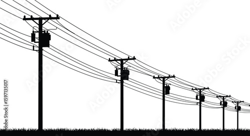 Silhouette of electric power poles with transformers, utility cables, voltage lines, infrastructure for electricity distribution across rural grassy landscape