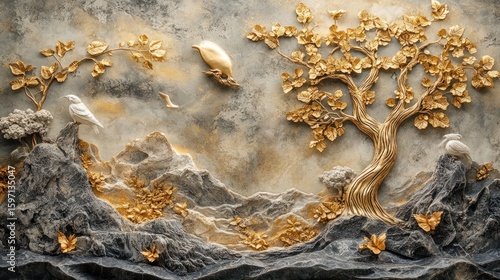 3D textured wall art depicting a golden tree, birds, and mountains