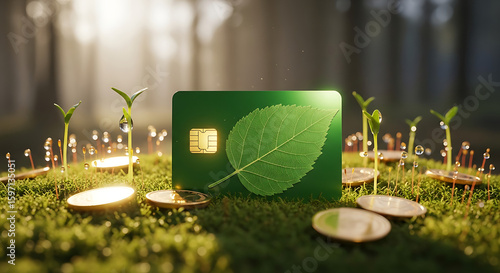 A green credit card with a leaf design rests on moss surrounded by sprouts and gold coins, symbolizing sustainable finance and growth.