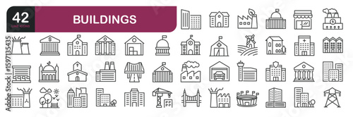 Set of line icons related to building, architecture, skyscraper. Outline icons collection. Editable stroke.