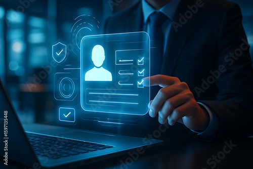 Professional using digital identity verification interface with glowing holographic profile icons, approval checklists, security validation and personal information access system
